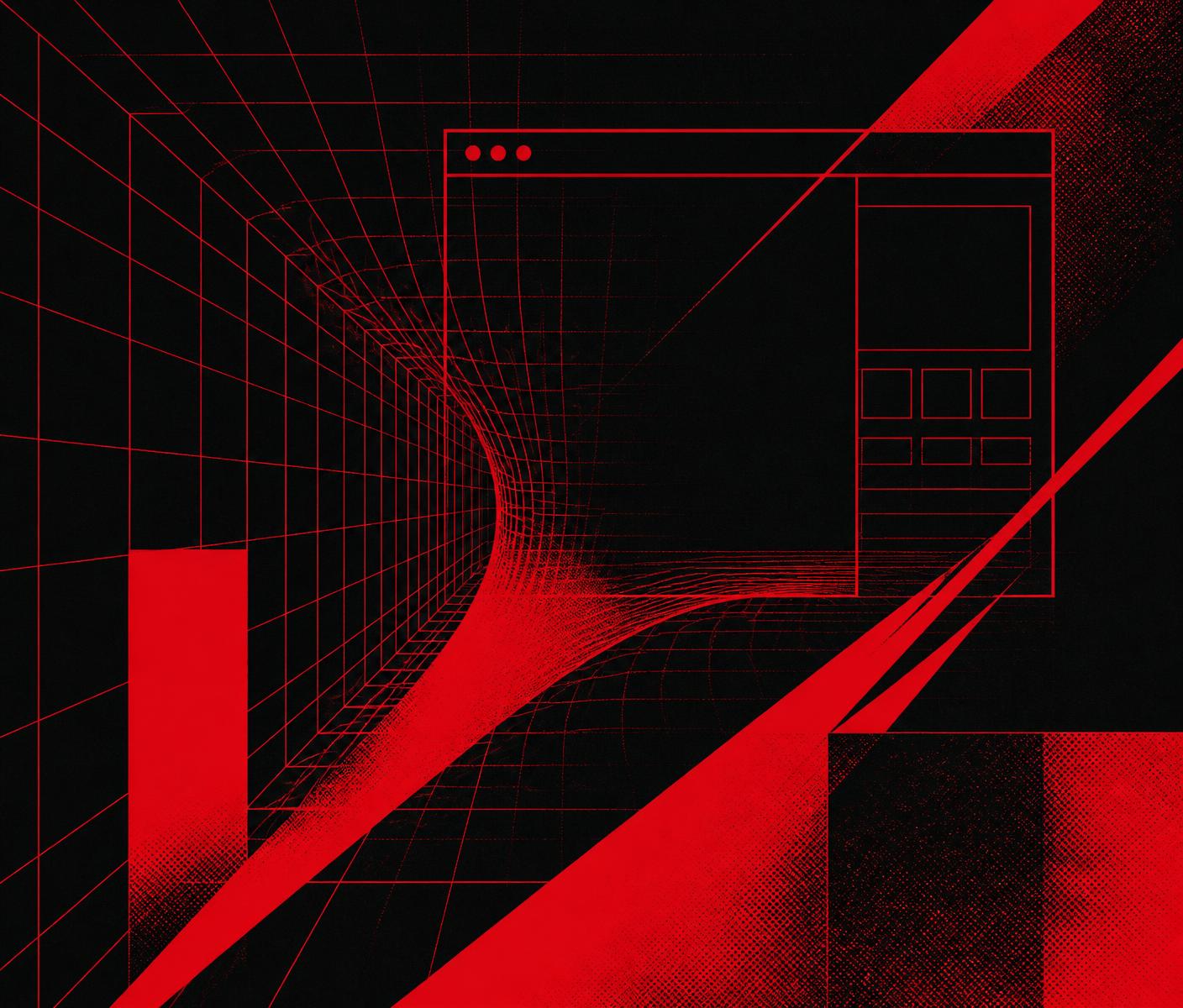 Red wireframe grid warping into a browser window on black — the Clausi.web hero artwork